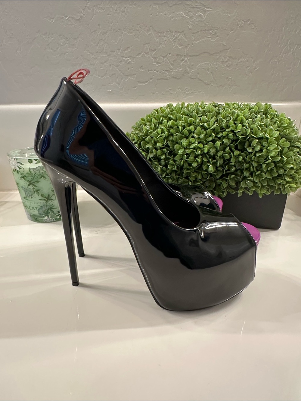 Black Patent Peep-Toe Platform Heels with Purple Accent